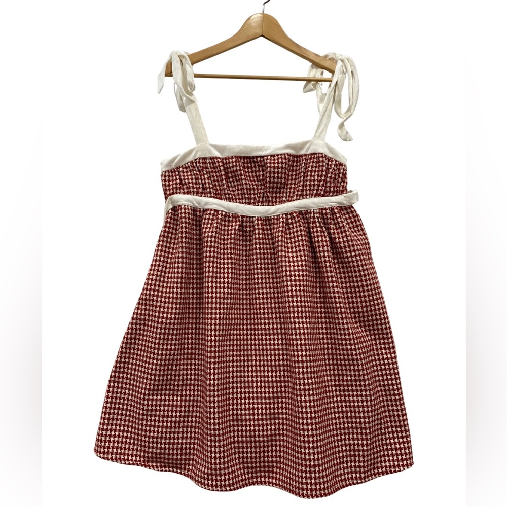 Babydoll Dress Burgundy L Tweed Houndstooth by Pretty Garbage Velvet Tie Straps